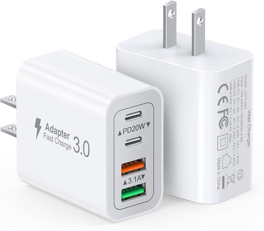 40W USB C Charger Block, 2-Pack Wall Plug Fast Charging Block, 4-Port PD+QC Power Adapter Multiport Cube Brick Type C Box for iPhone 16/15/14/13/12/11/Pro Max/XS/XR/8/7, Tablets, Cellphones