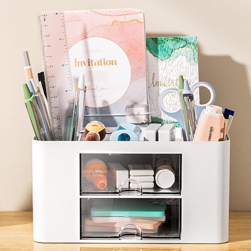 Desk Organizer Office with Drawer Pen Holder for Storage Box Accessories Organizers and Home School Multifunctional with 4 Compartments 2 Drawers Cute Plastic for Makeup Desktop Storage Organization