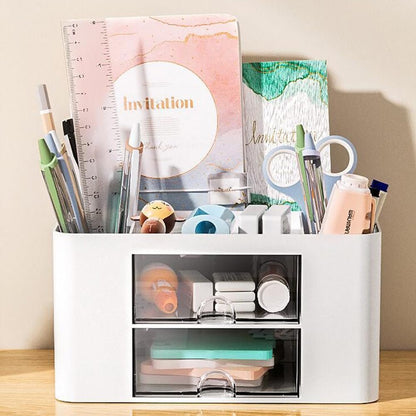 Desk Organizer Office with Drawer Pen Holder for Storage Box Accessories Organizers and Home School Multifunctional with 4 Compartments 2 Drawers Cute Plastic for Makeup Desktop Storage Organization
