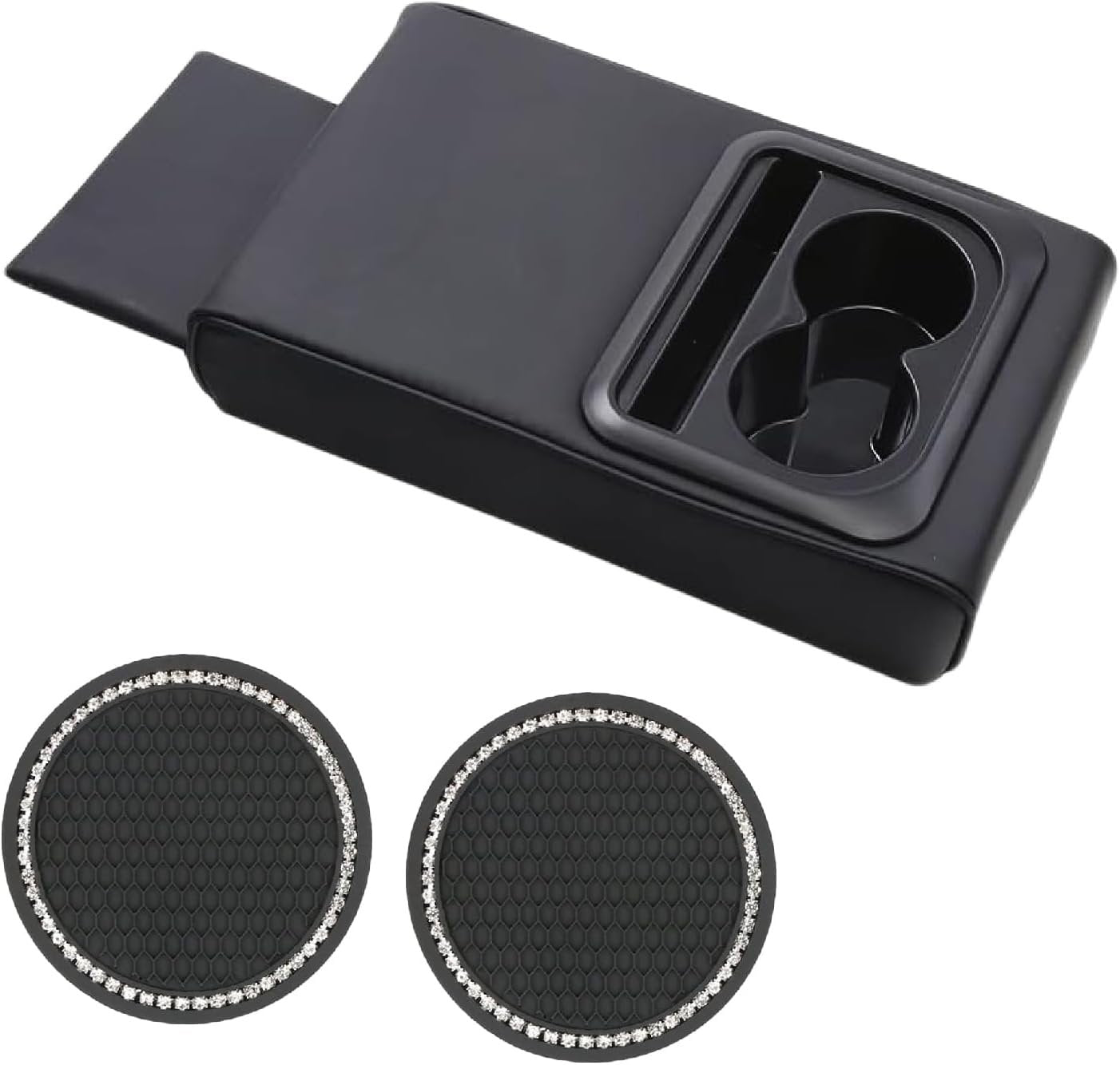 Car Center Console Armrest Cushion, Universal Leather Memory Foam Armrest Cover Pillow with Bling Coaster, Auto Arm Rest Support Pad Protector Interior Accessories