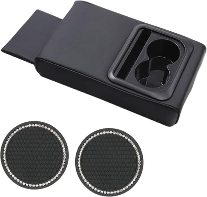 Car Center Console Armrest Cushion, Universal Leather Memory Foam Armrest Cover Pillow with Bling Coaster, Auto Arm Rest Support Pad Protector Interior Accessories