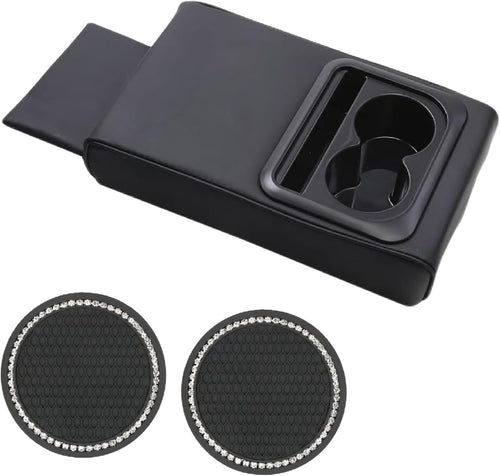 Car Center Console Armrest Cushion, Universal Leather Memory Foam Armrest Cover Pillow with Bling Coaster, Auto Arm Rest Support Pad Protector Interior Accessories