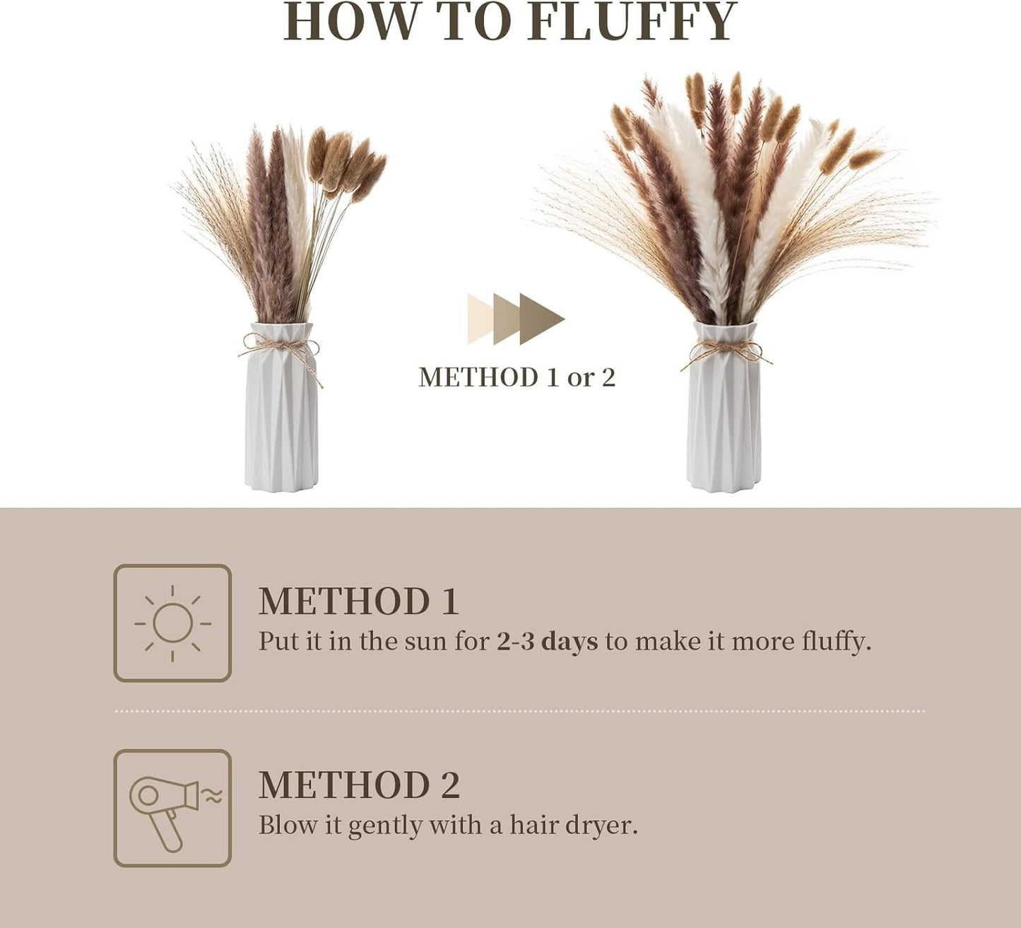 Wemk Decorative Pampas Grass with Vase Included, 44 Pieces Set of Natural White and Brown Pampas Herbs, Cane Herbs, Rabbit Tails, Decorative for Weddings, Parties, Boho Decor