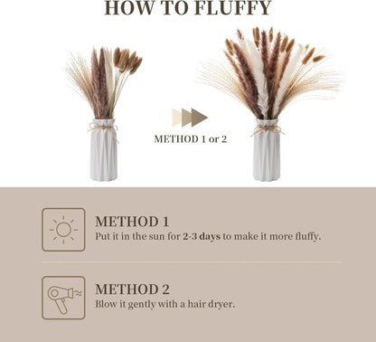 Wemk Decorative Pampas Grass with Vase Included, 44 Pieces Set of Natural White and Brown Pampas Herbs, Cane Herbs, Rabbit Tails, Decorative for Weddings, Parties, Boho Decor
