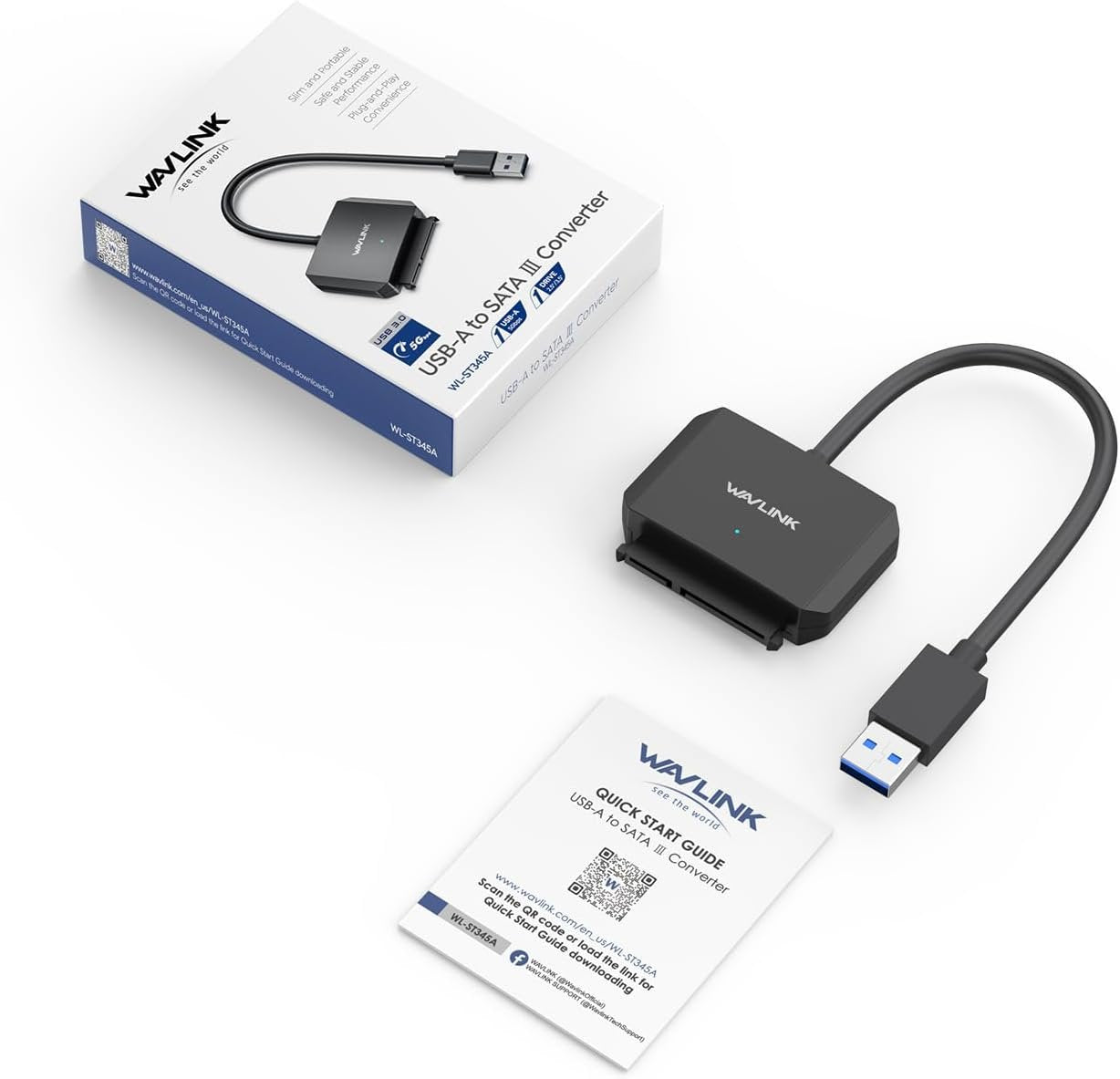 WAVLINK USB3.0 to SATA III Hard Drive Adapter Cable, SATA to USB A 5Gbps Converter, External Hard Drive Connector for 2.5"/3.5" HDD/SSD, Power Adapter Not Included (Updated Version)