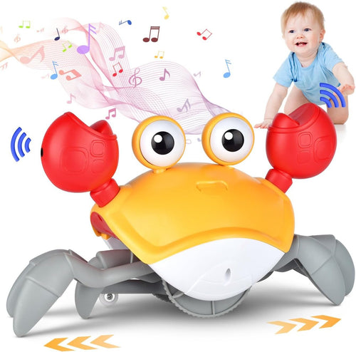 Crawling Crab Baby Toy, Infant Tummy Time Crawling Crab Toy Walking Moving Toy with Music & Automatic Obstacle Baby Interactive Learning Toy （Includes Battery, Meets IC Certification）
