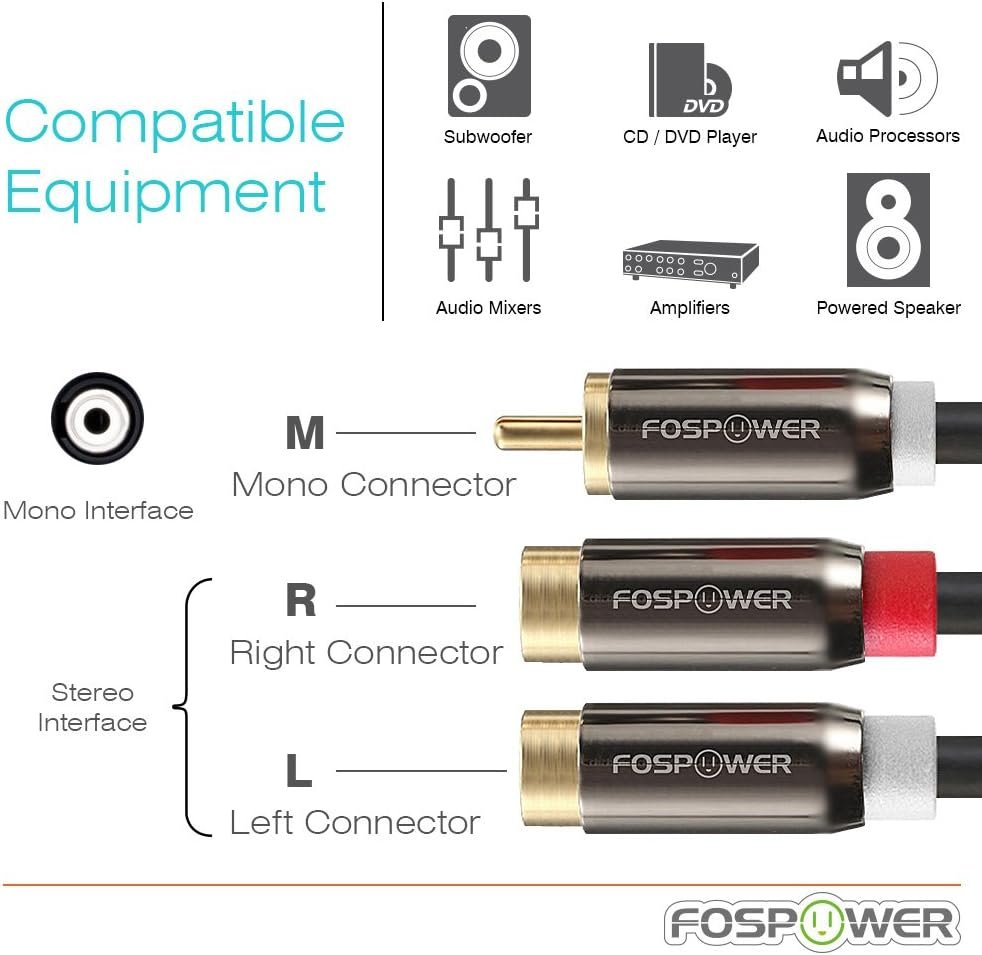 FosPower Y Adapter [8 inch] 1 RCA (Male) to 2 RCA (Female) Stereo Audio Adapter Cable [24k Gold Plated] 1 Male to 2 Female Y Splitter Connectors Extension Cord