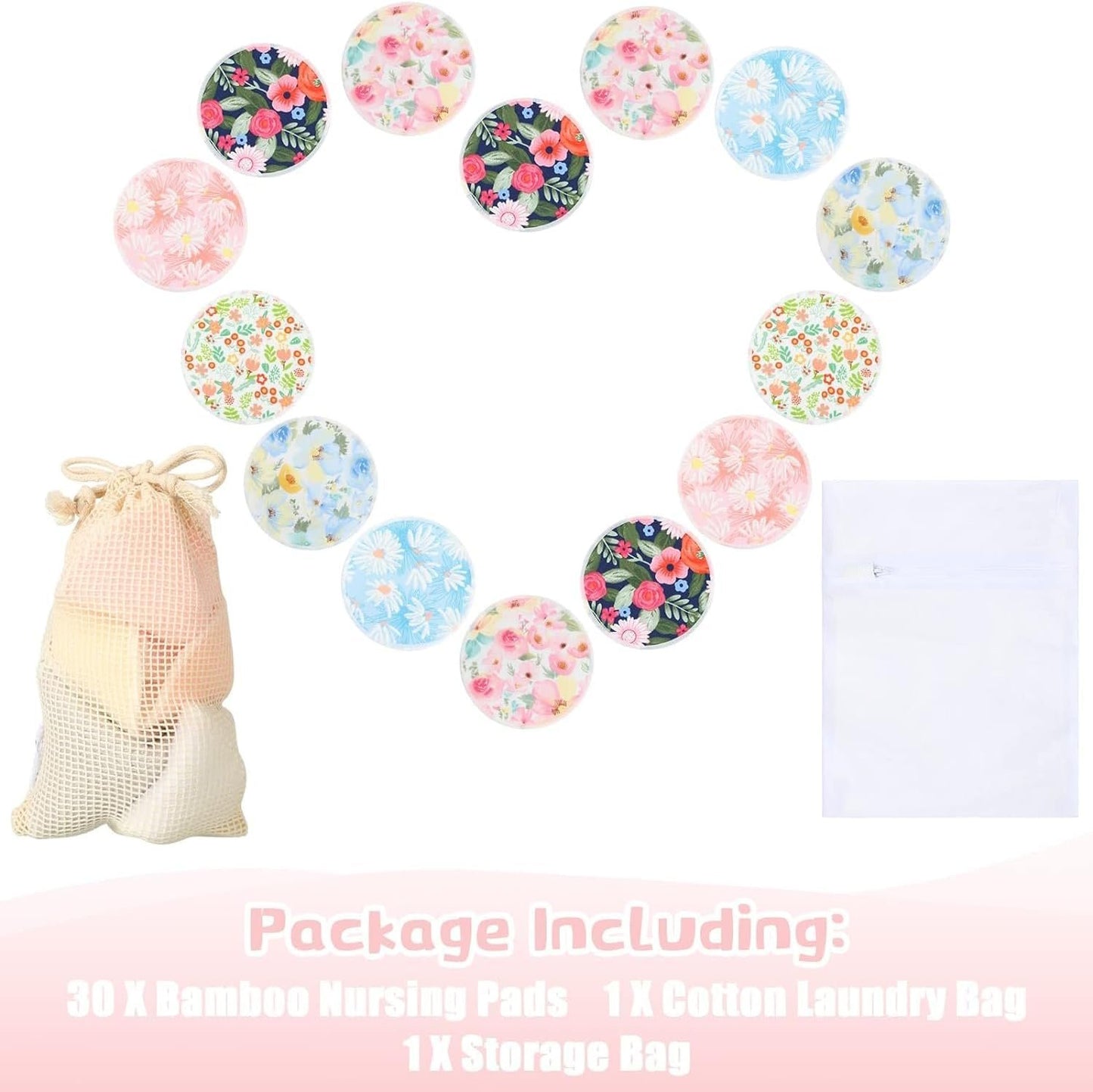 ZONEY 12Pcs Reusable Breast Pads, Bamboo Nursing Pads with Wet and Laundry Bag Floral Nipple Pads Breastfeeding, Nursing Pad Absorbent Pads for Breastfeeding Maternity (Flower)