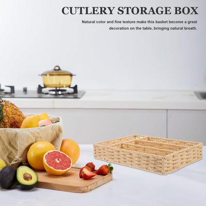 IMIKEYA Woven Silverware Storage Basket With 4 Compartments Wicker Flatware Organizer Kitchen Cutlery Utensil Serving Tray 30x20cm Fork Spoon Holder