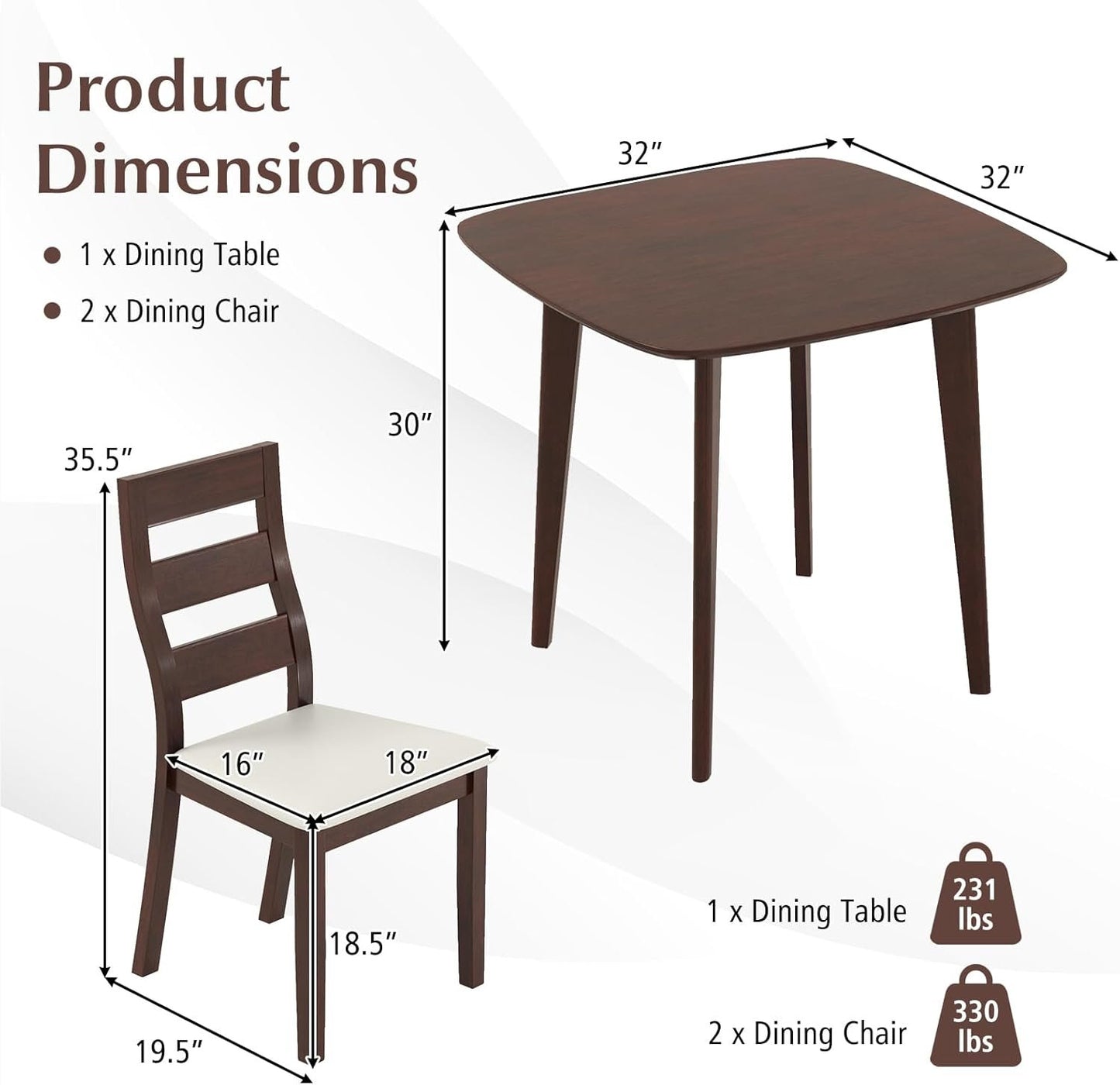 Giantex 3-Piece Dining Table Set for 2, Wooden Square Kitchen Table and 2 Chairs with Padded Seat, Ladder Back, Space-Saving Dinette Set for Small Spaces, Living Room, Dining Room