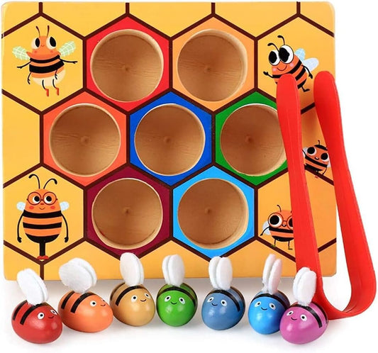 Toddler Fine Motor Skill Toy - Clamp Bee to Hive Matching Game - Montessori Wooden Color Sorting Puzzle Early Learning Preschool Educational Kids Toys for 3 4 5 Years Old Boys and Girls Gift