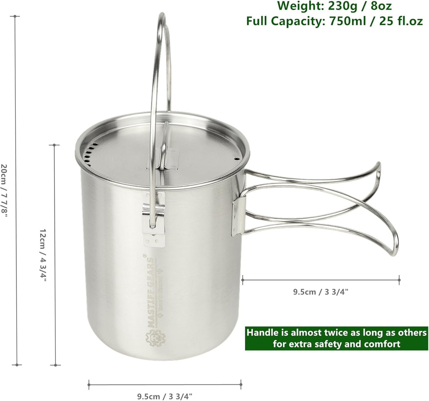 Mastiff Gears ® 304 (18/8) Stainless Steel (FDA Compliant) Lightweight 710ml / 24 fl.oz Camping Cup/Pot for Travel, Bushcraft, Camping and Backpacking (Solo Pot/Cup)