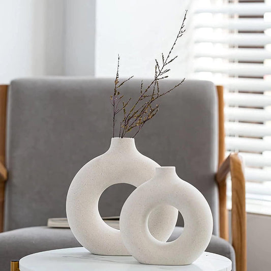 Ceramic Vases Set of 2, Decorative Ceramic Vase Round Flower Vase in Modern Style, Decorative Flowers, Nordic Minimalism Style, for Living Room, Office, Table Decor