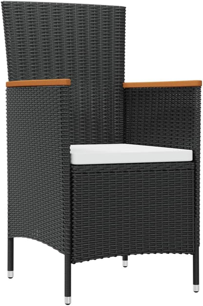 vidaXL 7-Piece Outdoor Dining Set - Sturdy Steel and Aluminum Frame with Acacia Wood Armrests and Table Top, Waterproof PE Rattan, Includes Black Chairs and Cream White Cushions