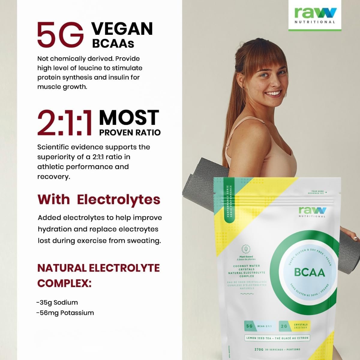 Raw Nutritional Vegan BCAA Powder | 5g 2:1:1 Ratio Amino Acids BCAAs, 2g Coconut Water Crystals | Post Workout Muscle Recovery & Electrolyte Support | 30 Servings (Pink Lemonade)