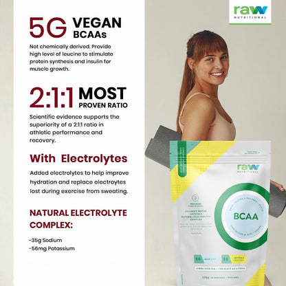 Raw Nutritional Vegan BCAA Powder | 5g 2:1:1 Ratio Amino Acids BCAAs, 2g Coconut Water Crystals | Post Workout Muscle Recovery & Electrolyte Support | 30 Servings (Pink Lemonade)