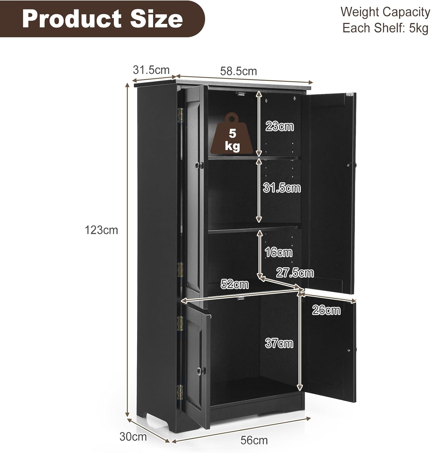 KOMFOTTEU Tall Wooden Wardrobe, Vertical Wardrobe with Adjustable Shelves, Sideboard Organizer with Anti-tipping Device, Furniture for Bedroom, Bathroom, Living Room, 58.5 x 32 x 123 cm (Black)