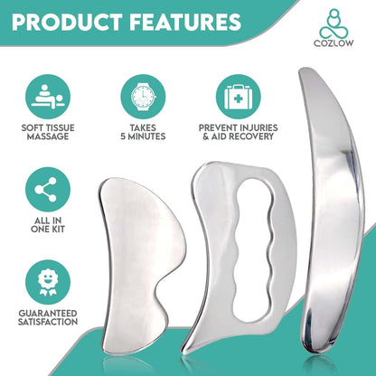 COZLOW 3 in 1 Muscle Scraper Tool Set | Stainless Steel IASTM Tool Muscle Scraper Kit for Accelerating Recovery, Reducing Muscle Soreness, and Soft Tissue Massaging