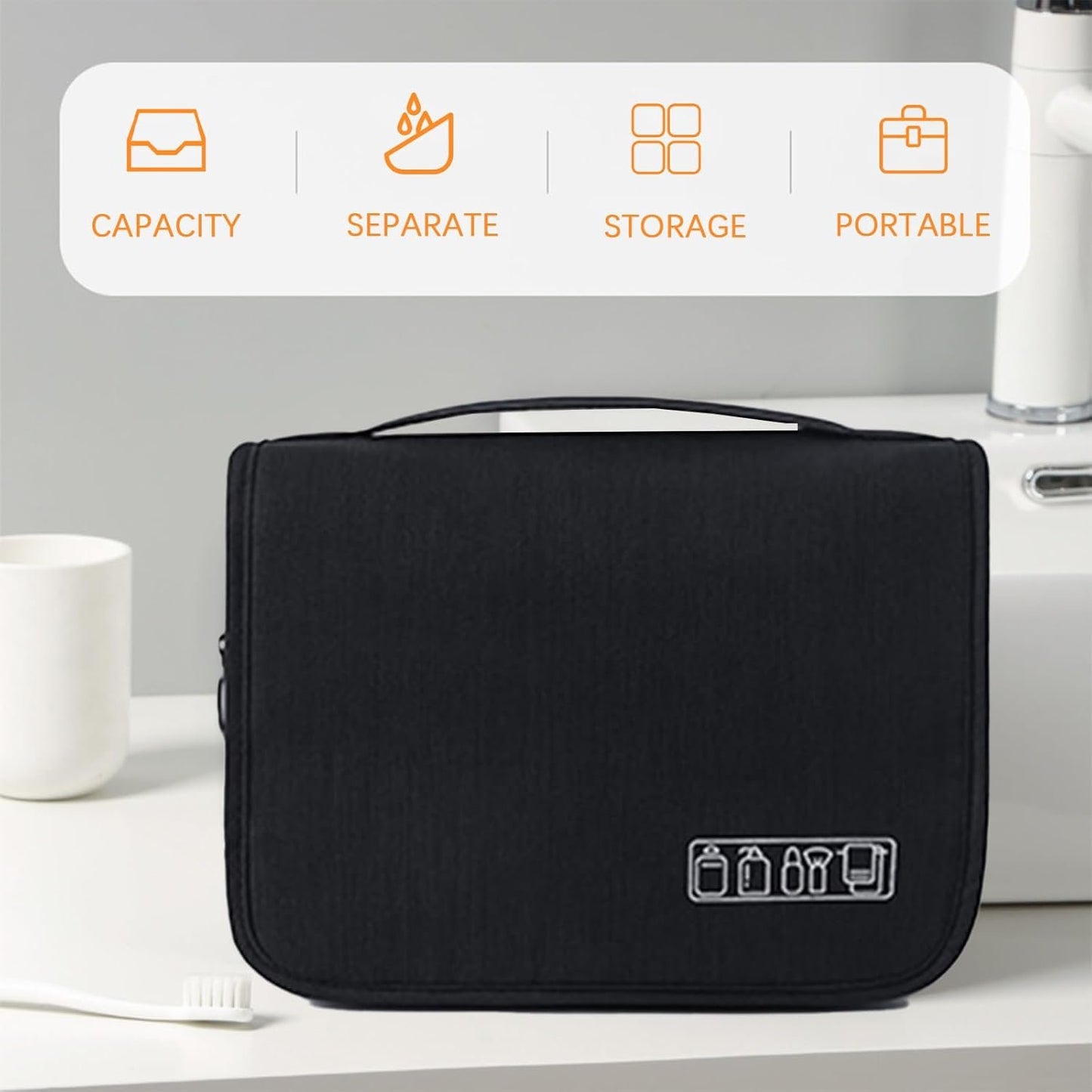 Aussi Valup Hanging Toiletry Bag, Waterproof Travel Makeup Organizer for Women, Portable Wash Bag for Camping and Outdoor, Multifunctional Travel Cosmetic Bag with Ample Capacity (Black)