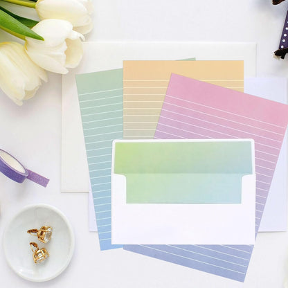KSIWRE Watercolor Stationery Set with Envelopes, 16 Lined Paper Sheets + 8 Envelopes, Gradient Colors Stationery Paper for Writing Letter Poems Invitations Best Wishes