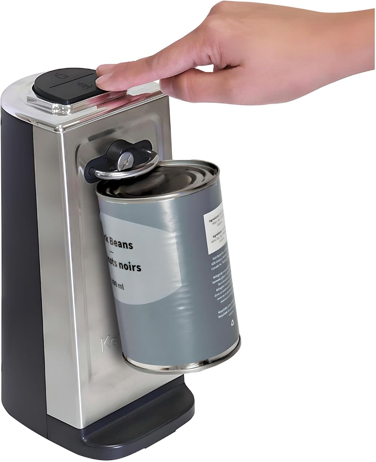 Kenmore Electric Can Opener - Extra-Tall, Smooth-Touch Side-Cut Blade, Safe Storage, Automatic Operation, Opens Regular & Pop-Top Cans, Camping Tool, Kitchen Gadget, Secure Grips, Black & Steel