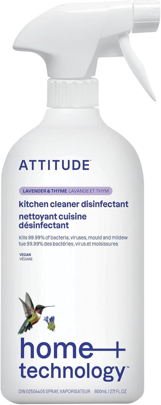 ATTITUDE Kitchen Cleaner Disinfectant 99.99%, Made in Canada, Eliminates Bacteria, Germs and Viruses, Vegan Household Products, Lavender & Thyme, 800 mL