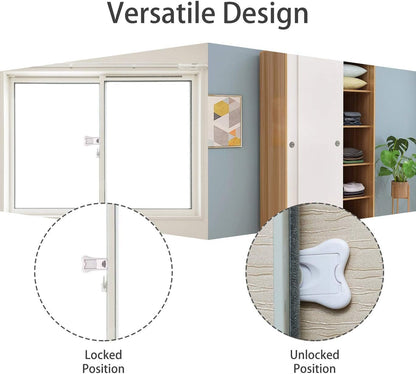Sliding Door Lock for Child Safety - Baby Proofing Closets and Windows Locks 4 Pack - Strong Yet Easy Clean 3M Adhesive - Keyless, No Screws or Tools Required (White)