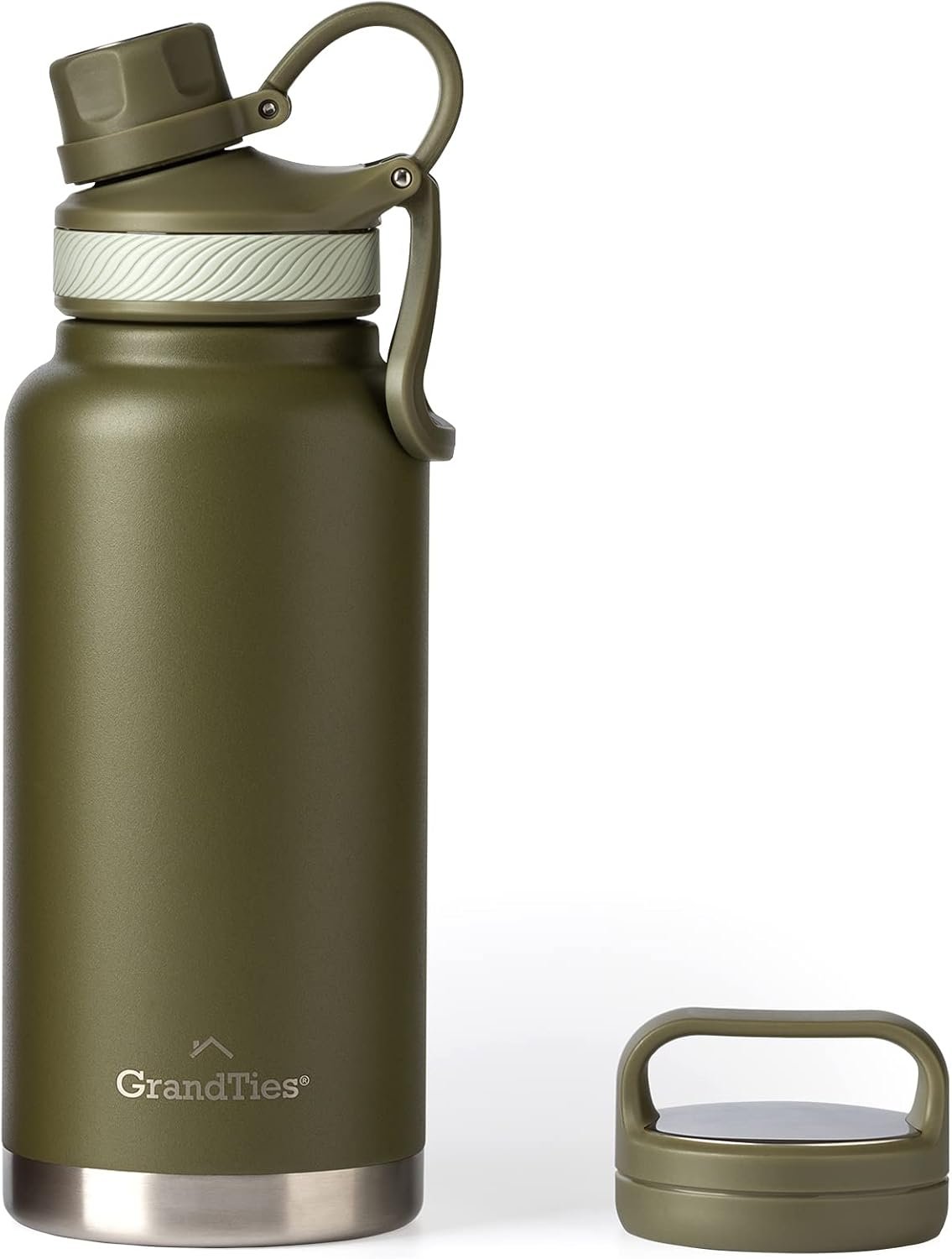 GrandTies 2 Lids Sports Stainless Steel Water Bottle– 32oz, Reusable Wide Mouth Vacuum Insulated Water Bottles, Travel Metal Canteen, Coldest Water Bottle for Men and Women–Olive Green