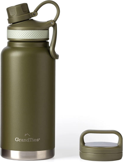 GrandTies 2 Lids Sports Stainless Steel Water Bottle– 32oz, Reusable Wide Mouth Vacuum Insulated Water Bottles, Travel Metal Canteen, Coldest Water Bottle for Men and Women–Olive Green