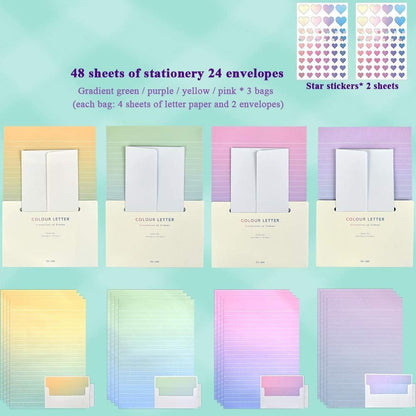 TIMESETL Stationery Letter Paper and Envelopes Set, Stationery Set with Lined Letter Writing Paper, 48 Stationary Paper + 24 Envelopes, Envelope Seal Sticker, 4 Gradient Colors