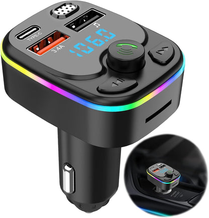 Bluetooth 5.3 FM Transmitter for Car, QC3.0 & PD 20W Bluetooth Car Aux with 2 USB and 1 Type-C Ports, Handsfree Calling Adapters
