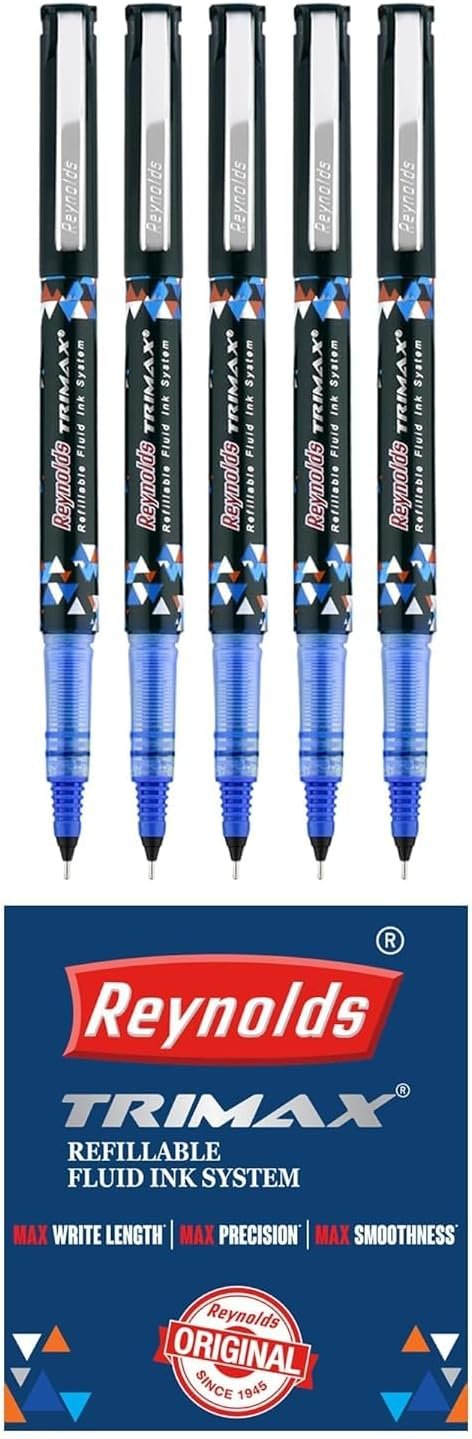 Reynolds TRIMAX BLUE - 5 COUNT | Roller Ball Point Pen set With Comfortable Grip | Pens For Writing | School and Office Stationery | 0.5mm Tip