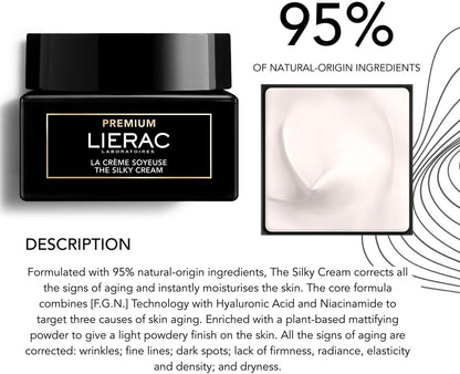 Lierac Premium Soyeuse Refill, Anti-Aging Face Cream, Smoothing Moisturizing with Hyaluronic Acid and Niacinamide, for Normal and Combination Skin, Size 50 ml