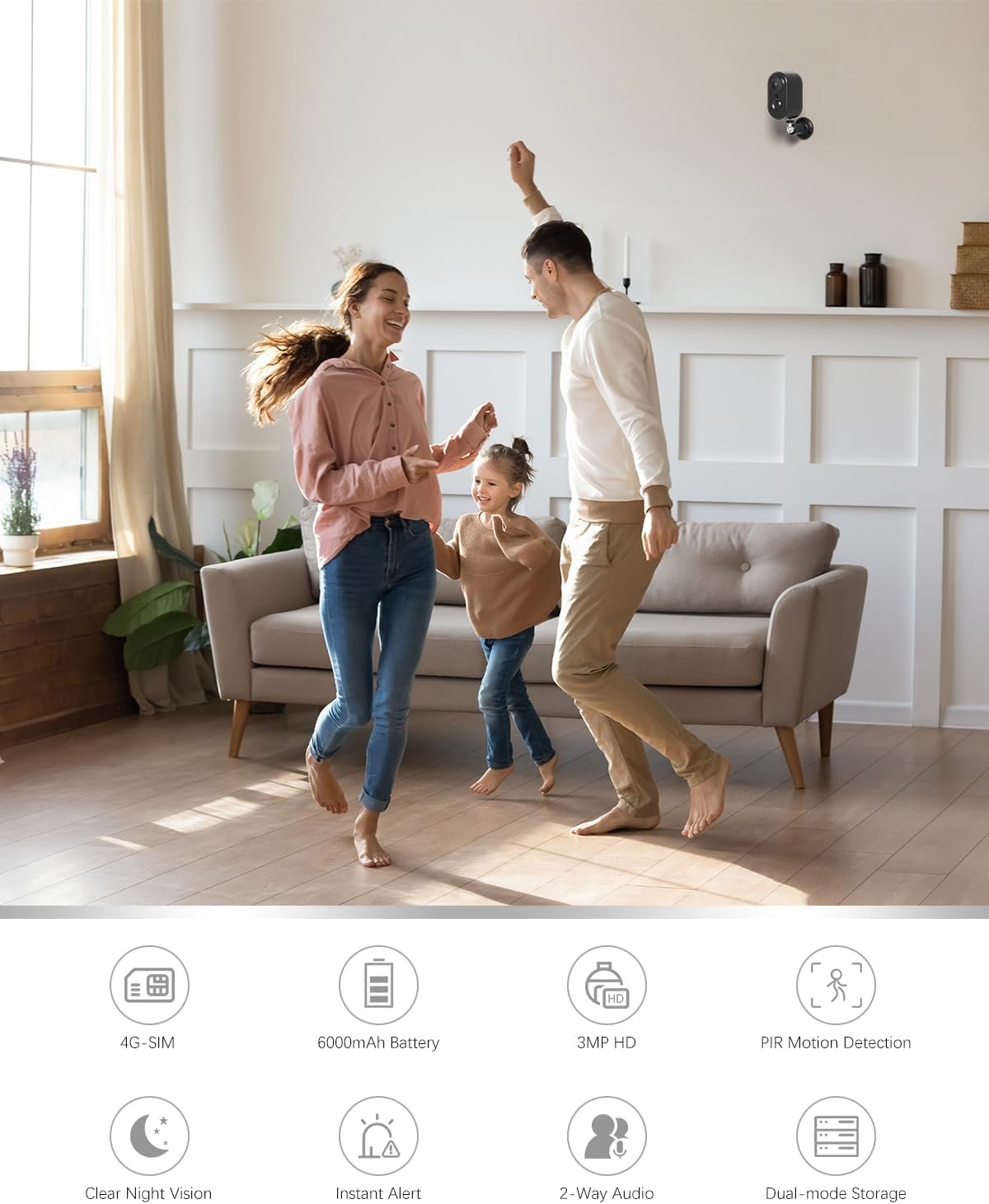 Xega 4G Cellular Security Camera Indoor Built-in SIM Card, 2K No Wi-Fi Security Camera Portable, LTE Cameras with 6000mAh Battery, PIR Motion Detection, Color Night Vision, 2-Way Audio, TF/Cloud