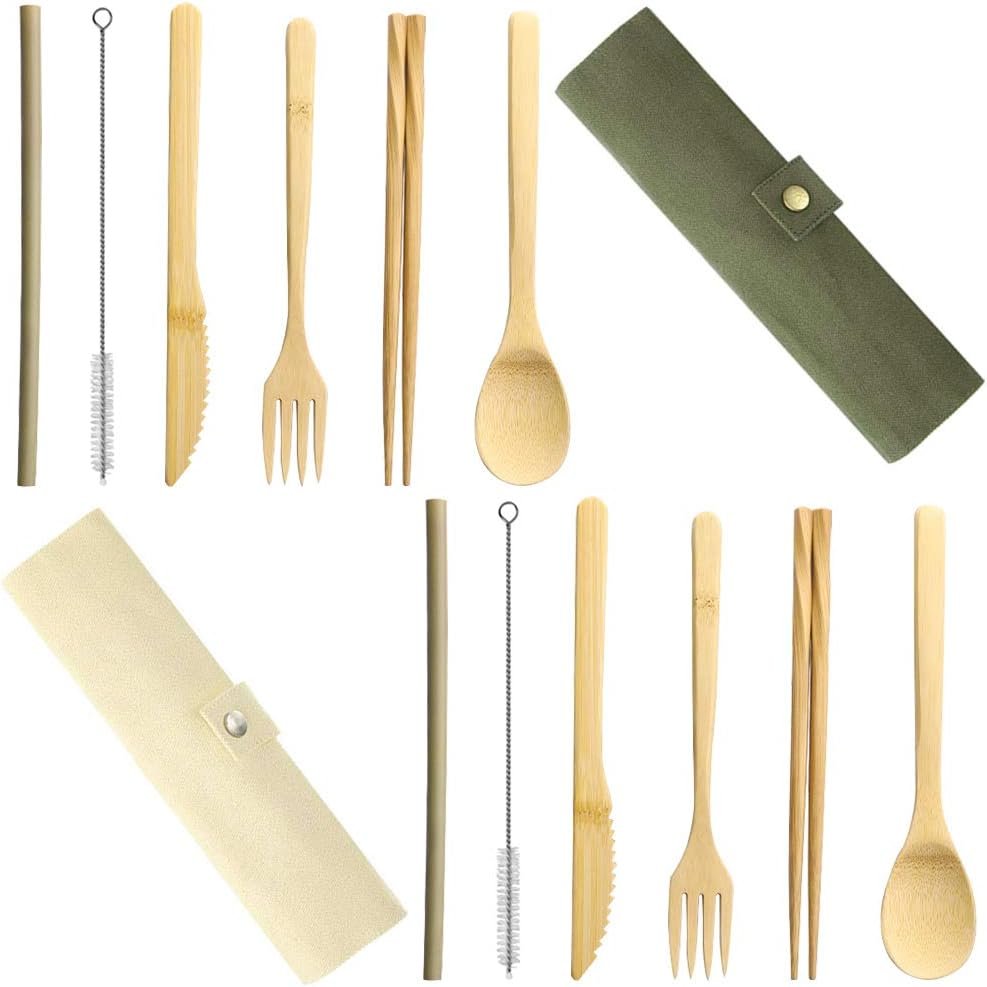 Set of 2, Bamboo Utensils Cutlery, DaKuan Reusable Cutlery Travel Set, Bamboo Spoon, Fork, Knife, Brush, Chopsticks and Straw, Eco-Friendly Portable Utensils with Case