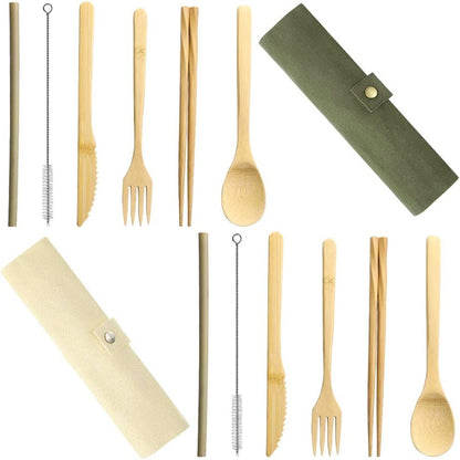 Set of 2, Bamboo Utensils Cutlery, DaKuan Reusable Cutlery Travel Set, Bamboo Spoon, Fork, Knife, Brush, Chopsticks and Straw, Eco-Friendly Portable Utensils with Case