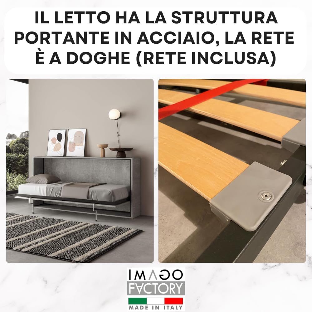 IMAGO FACTORY Kendo Single – Folding Single Bed (L.200 P.106 H.97) Horizontal Fold-Out Bed 100% Made in Italy, Concealed Beds (Mattress, Concrete)