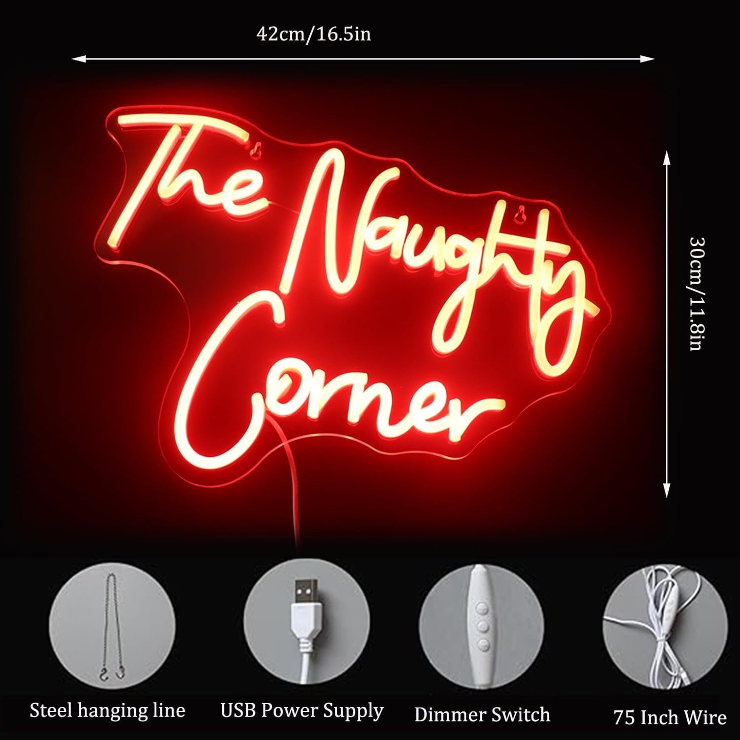 Led "The Naughty Corner" Neon Sign Letters USB Powered Neon Lights for Room Home Bar Art Wall Decoration Party Window Living Room Decor Christmas Gift (Red)