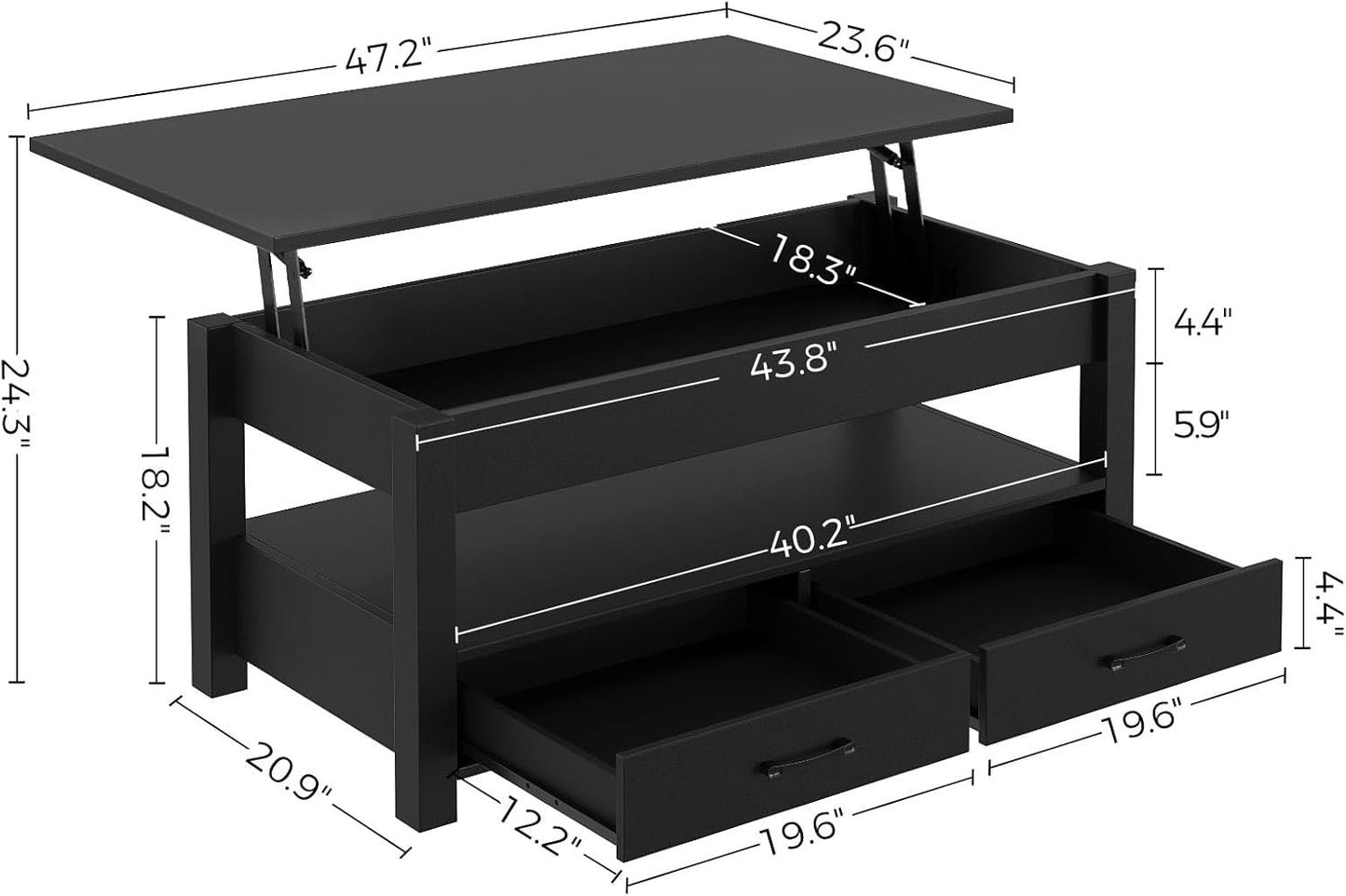 Rolanstar Coffee Table, 47" Lift Top Coffee Table with Drawers and Hidden Compartment, Retro Central Table with Wooden Lift Tabletop, for Living Room,Black