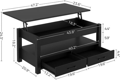 Rolanstar Coffee Table, 47" Lift Top Coffee Table with Drawers and Hidden Compartment, Retro Central Table with Wooden Lift Tabletop, for Living Room,Black