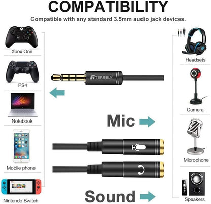 T Tersely Headset Adapter for Audio and Mic Plugs, Stereo 3.5mm Y Splitter Cable Adapter (Double Female 3 Pole to Single Male 4 Pole) Gold Plated for Xbox One, PS4, Switch, Smartphone, Laptop CTIA