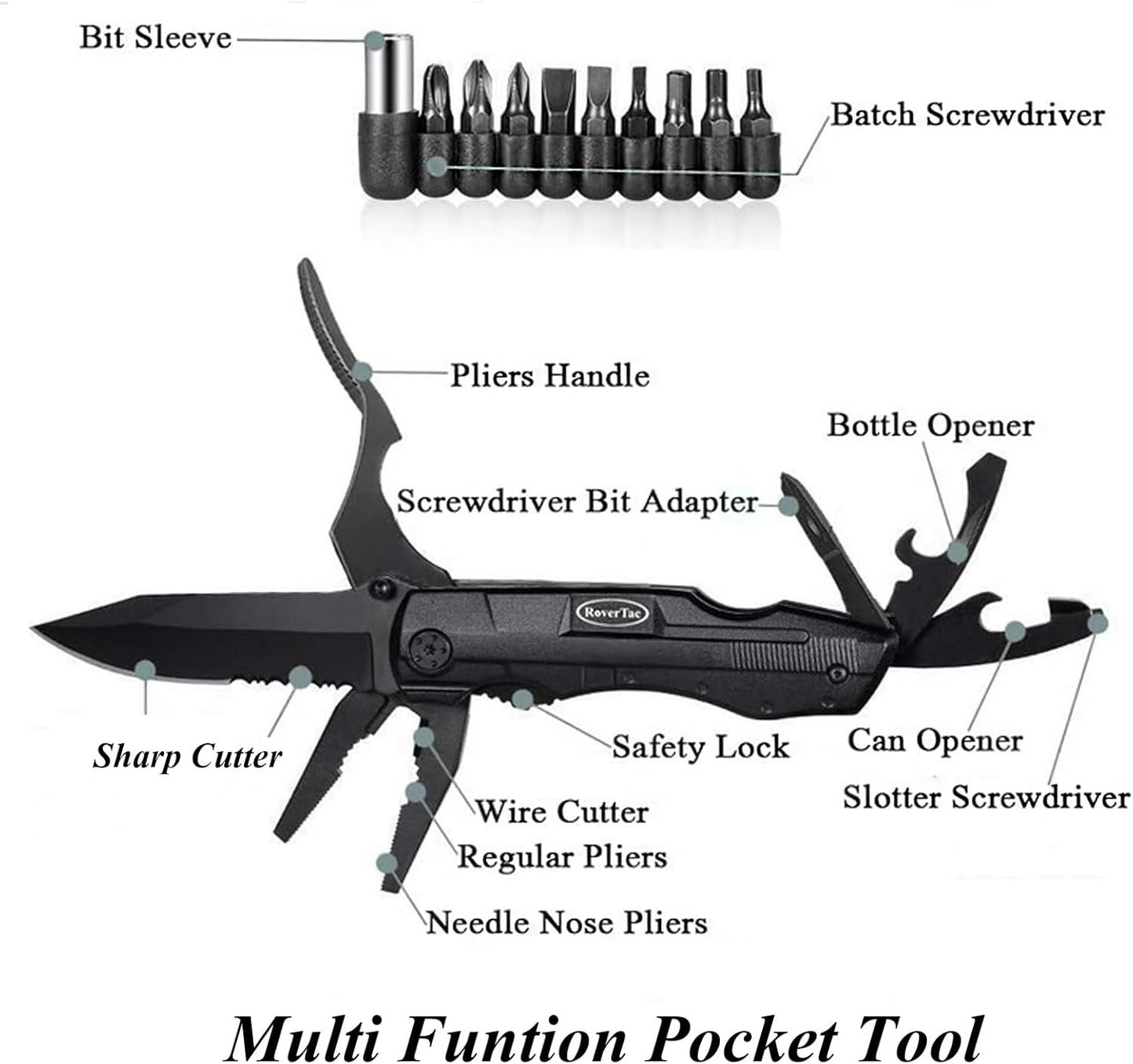 RoverTac Pocket Knife Tactical Folding Knife Multi Tool Survival Camping Knife, Multitool Knife Pliers Bottle & Can Opener 9-Pack Screwdrivers Liner Lock Nylon Sheath, Pocket Knife for Camping Hiking