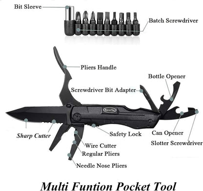 RoverTac Pocket Knife Tactical Folding Knife Multi Tool Survival Camping Knife, Multitool Knife Pliers Bottle & Can Opener 9-Pack Screwdrivers Liner Lock Nylon Sheath, Pocket Knife for Camping Hiking