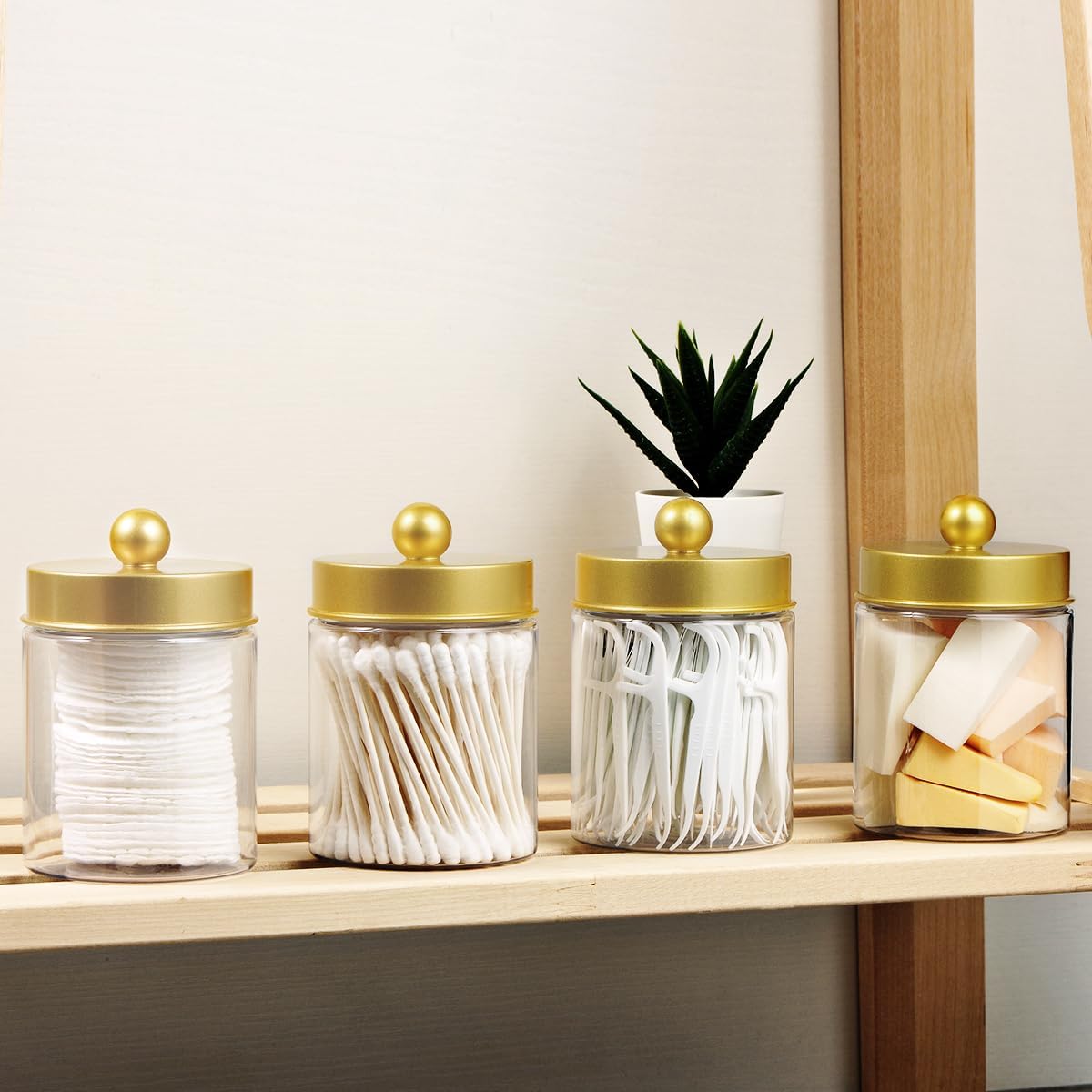 Amolliar Qtip Holder Dispenser - 8 oz Plastic Apothecary Jar Containers for Vanity Makeup Countertop Organizer Storage -Bathroom Canister Accessories Set for Cotton Swab, Ball, Pads, Floss-Gold (4)