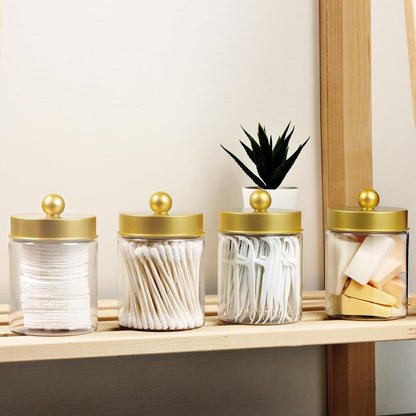 Amolliar Qtip Holder Dispenser - 8 oz Plastic Apothecary Jar Containers for Vanity Makeup Countertop Organizer Storage -Bathroom Canister Accessories Set for Cotton Swab, Ball, Pads, Floss-Gold (4)