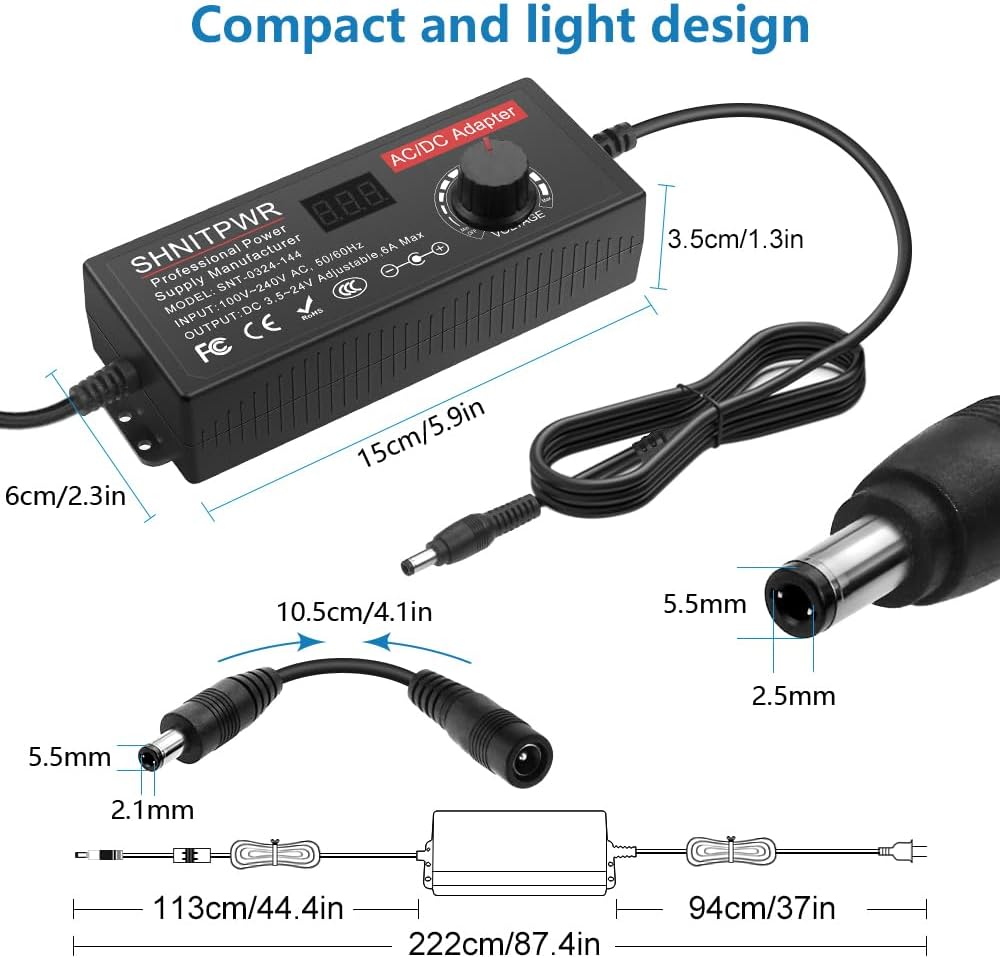 SHNITPWR Universal Power Supply 3.5-24V 144W DC 24V 19V 14V 12V 9V 6V 5V 3.5V 6A Adjustable AC/DC Power Adapter with 14 Tips and Polarity Cable for Home Electronics