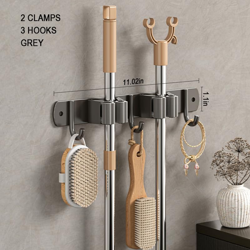Broom Holder Wall Mount Mop Hanger Garden Tool Storage Rack - Laundry Room Organization Handle Stainless Steel Wall Mounted Garage Storage Hooks - Practical With Screws and 3M Adhesive