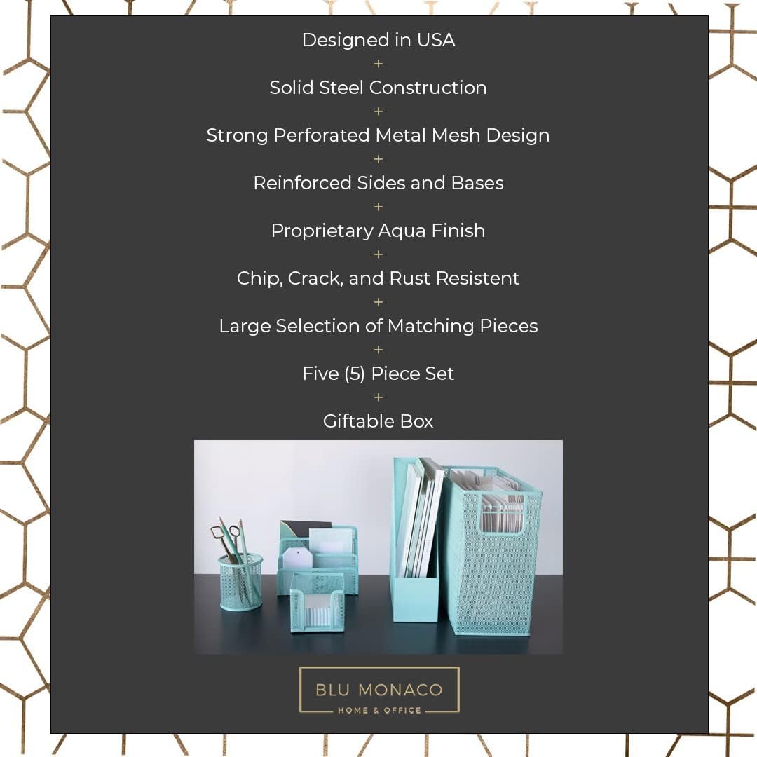 Blu Monaco 5 Piece Cute Office Supplies Aqua Desk Organizer Set - with Desktop Hanging File Organizer, Magazine Holder, Pen Cup, Sticky Note Holder, Letter sorter - Aqua Desk Accessories