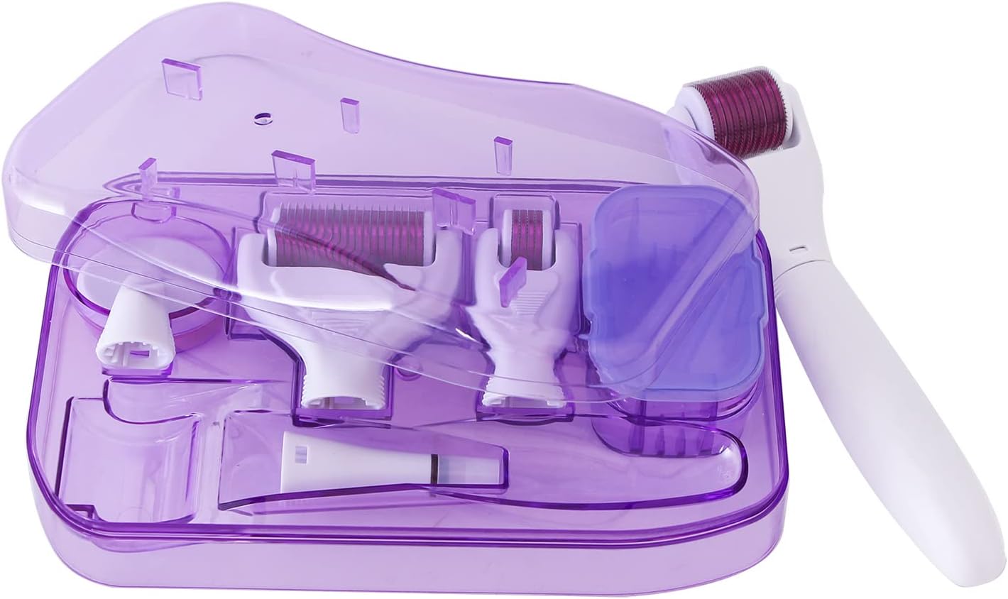 6 In 1 Derma Roller kit, Cosmetic Micro-Needling Instrument Skin Care Tool for Stretch Marks Wrinkles Acne Scars Hair Loss Regrowth with 4 Titanium Needle Heads Silicone Brush and Disinfecting Tray