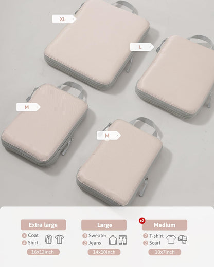 Meowoo 4-Piece Packing Cubes Compression Organiser - XL, L, 2×M - Space-Saving Travel Organizer for Suitcases - Travel Useful Accessories - Ideal for Holidays and Narrow Spaces - Beige
